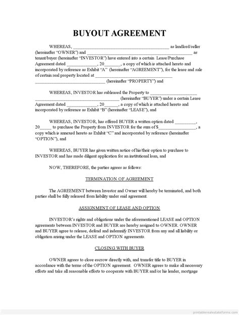 Free Printable Buyout Agreement Form (PDF & WORD)